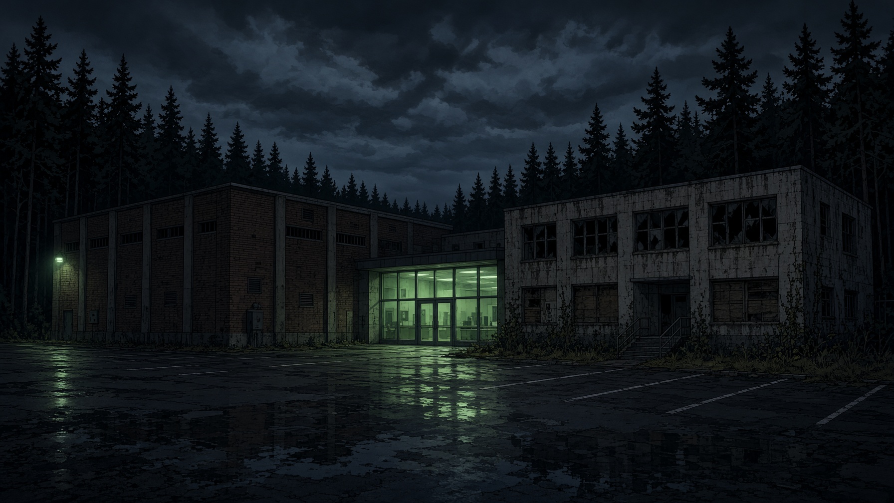 Hollis Center at night, pines pressing in, one lobby glowing.